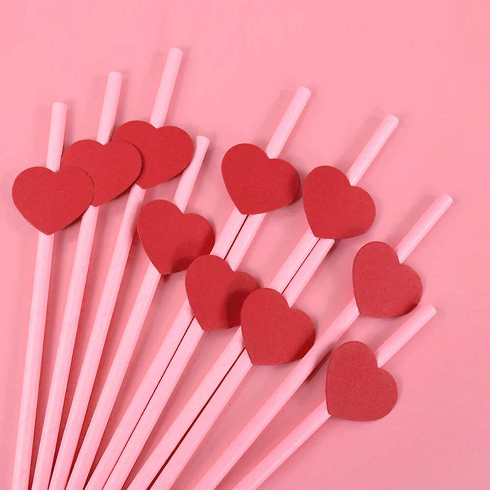 20Pcs Red Heart Paper Straws Disposable Drinking Straw for Valentines Day Weddin
