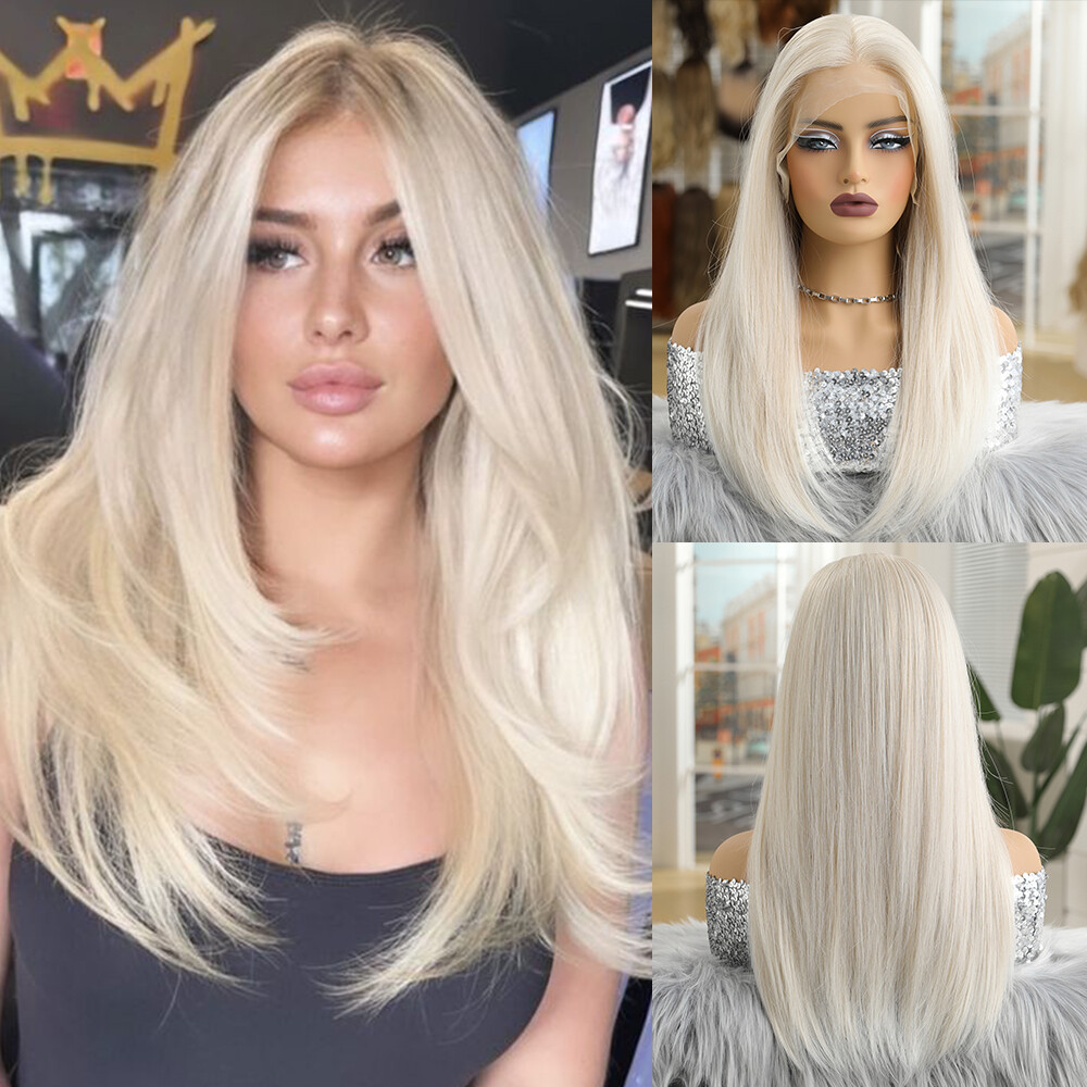 Platinum blonde synthetic lace front wig with bands long straight hair for women daily wear