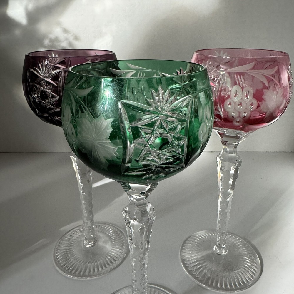 Vintage Bohemian Crystal Wine Glasses Set of 3 - Multicolor Cut To Clear