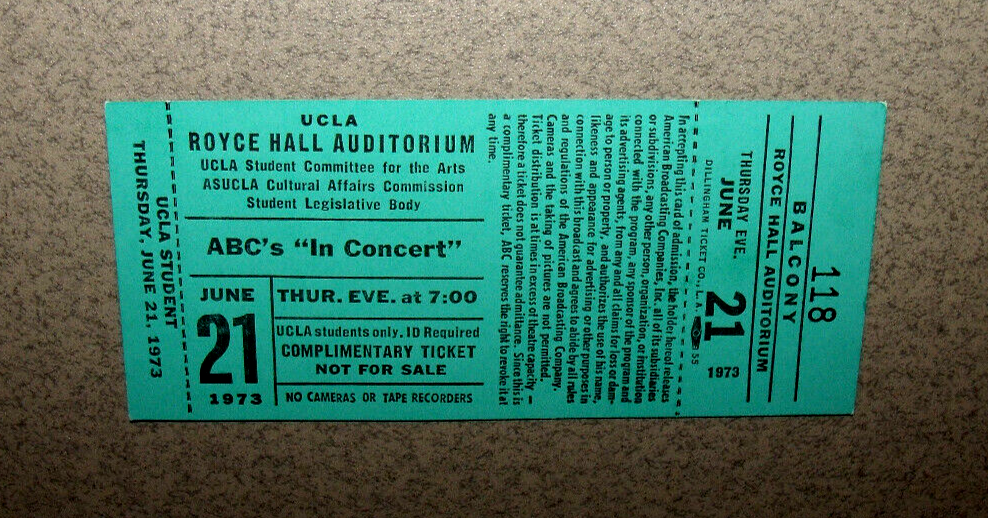 Original Eagles ABC In Concert TV Show Ticket Royce Hall UCLA 1973-image