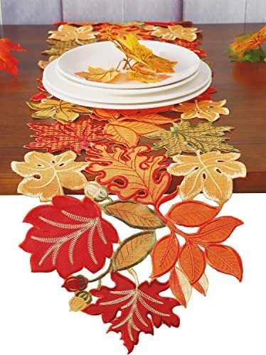 Fall Thanksgiving Table Runner Orange Maple Leaves Harvest Autumn Holiday Par...