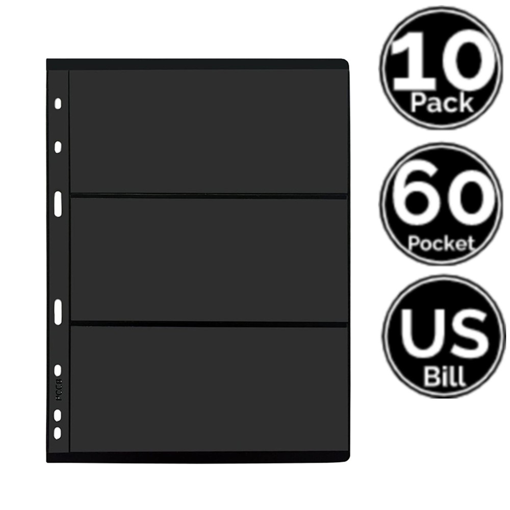 10 Page 60 Pocket STURDY Black Sleeve Sheets 9-Hole 4 Currency Paper Money Bill