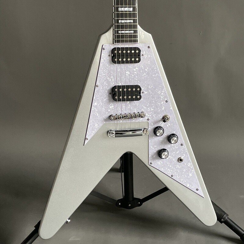 Silver Flying V Electric Guitar HH Open Pickups White Pick Guard Mahogany Body