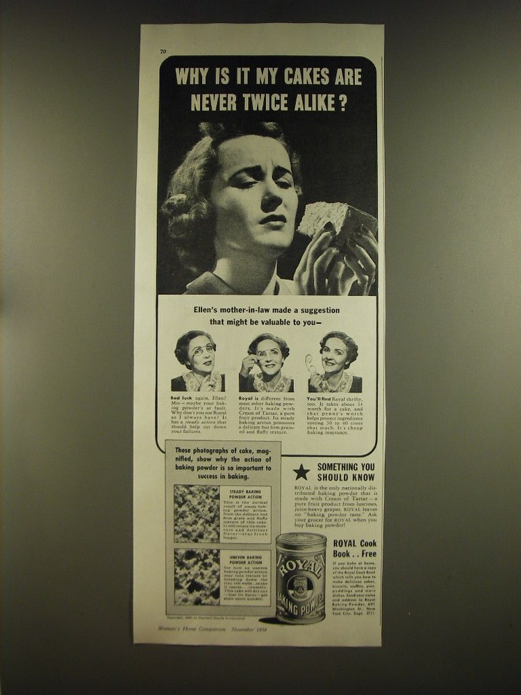 1939 Royal Baking Powder Ad - Why is it my cakes are never twice alike?