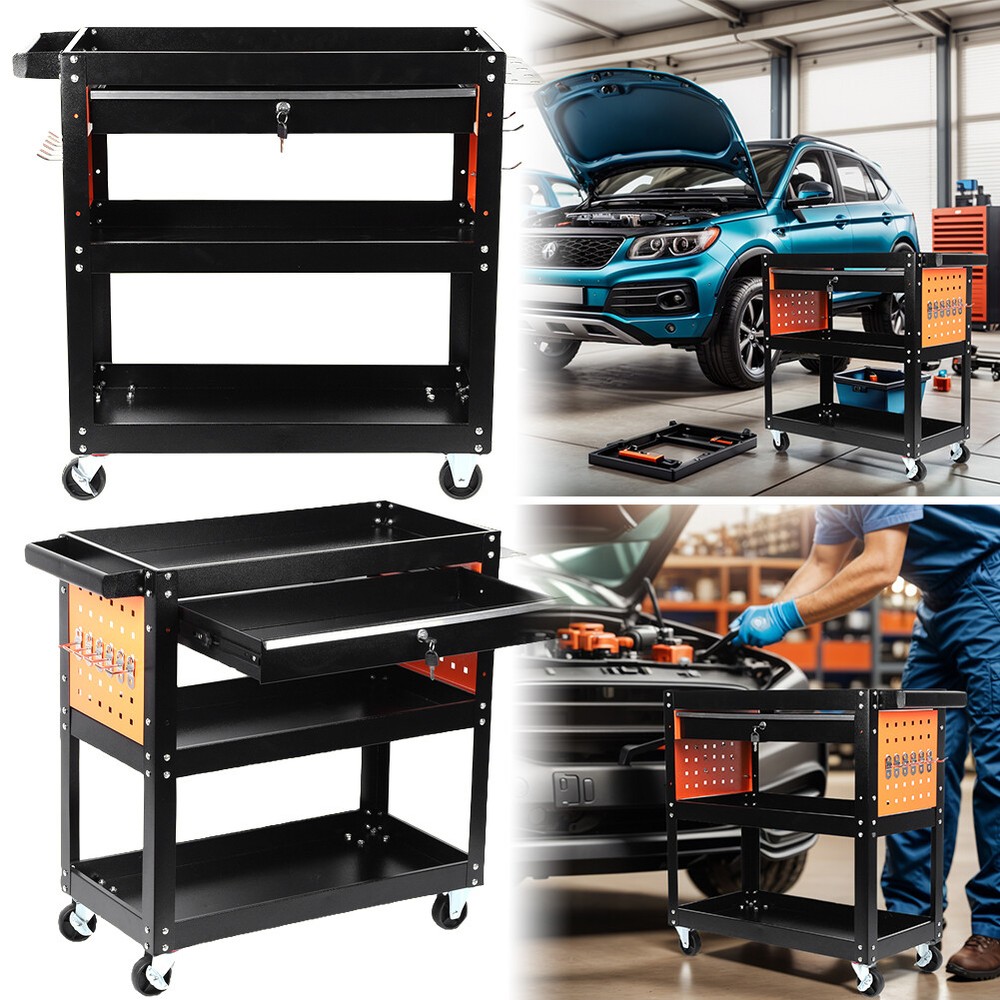 3-Tier Heavy Duty Utility Cart on Wheels 350 LBS Load Capacity Tool Storage Cart