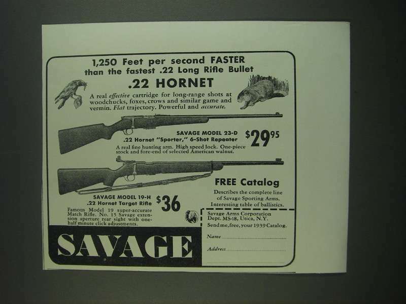 1939 Savage Model 23-D and Model 19-H .22 Hornet Rifles Ad