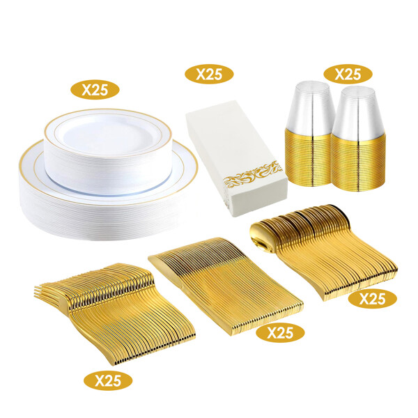 175Pcs Disposable Gold Dinnerware Set Gold Rim Plastic Plates Cups Fork Spoon Kn