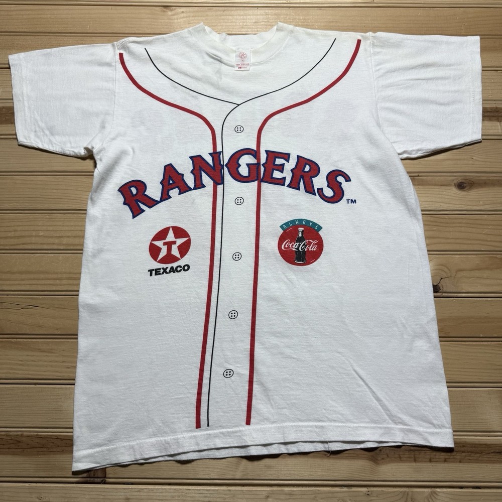Vintage 80s Texas Rangers Baseball Jersey Shirt Rogers #37 Coke Texaco Size XL