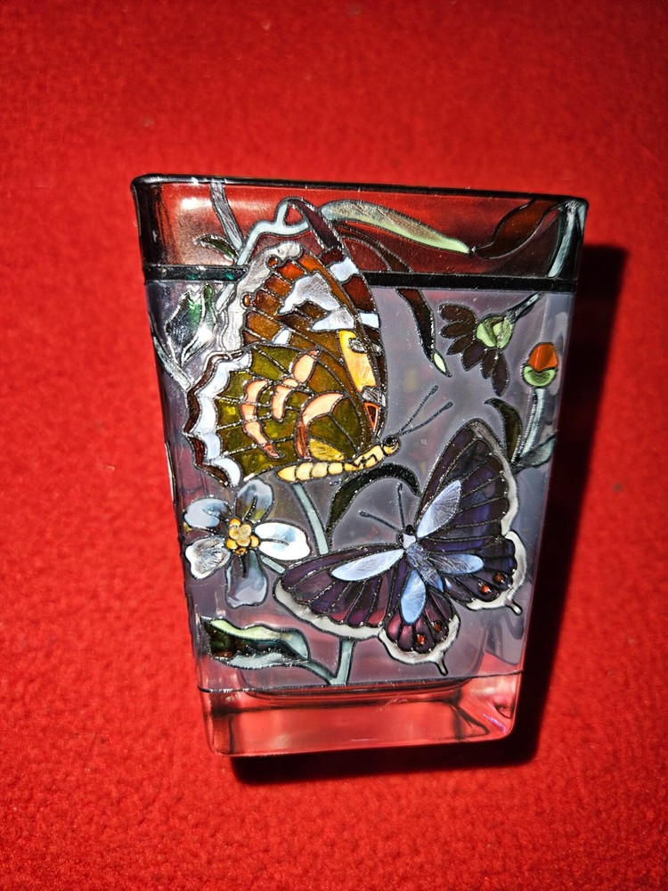 New Hand Painted AMIA Glass Votive Candle Holder with Beautiful Butterflies