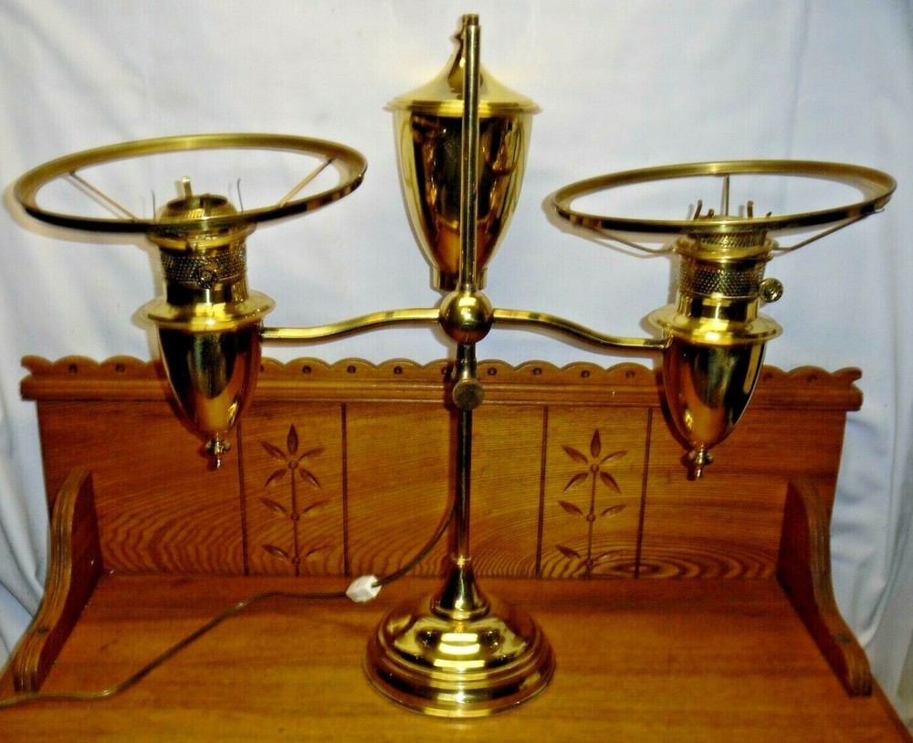 Vintage Electric Brass Rayo ABCo Double Student Lamp -One Shade Ring Needs Fixed-image