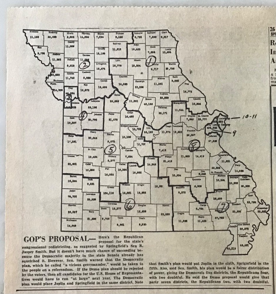 1951 newspaper feature - Missouri GOP State Congressional redistricting map plan