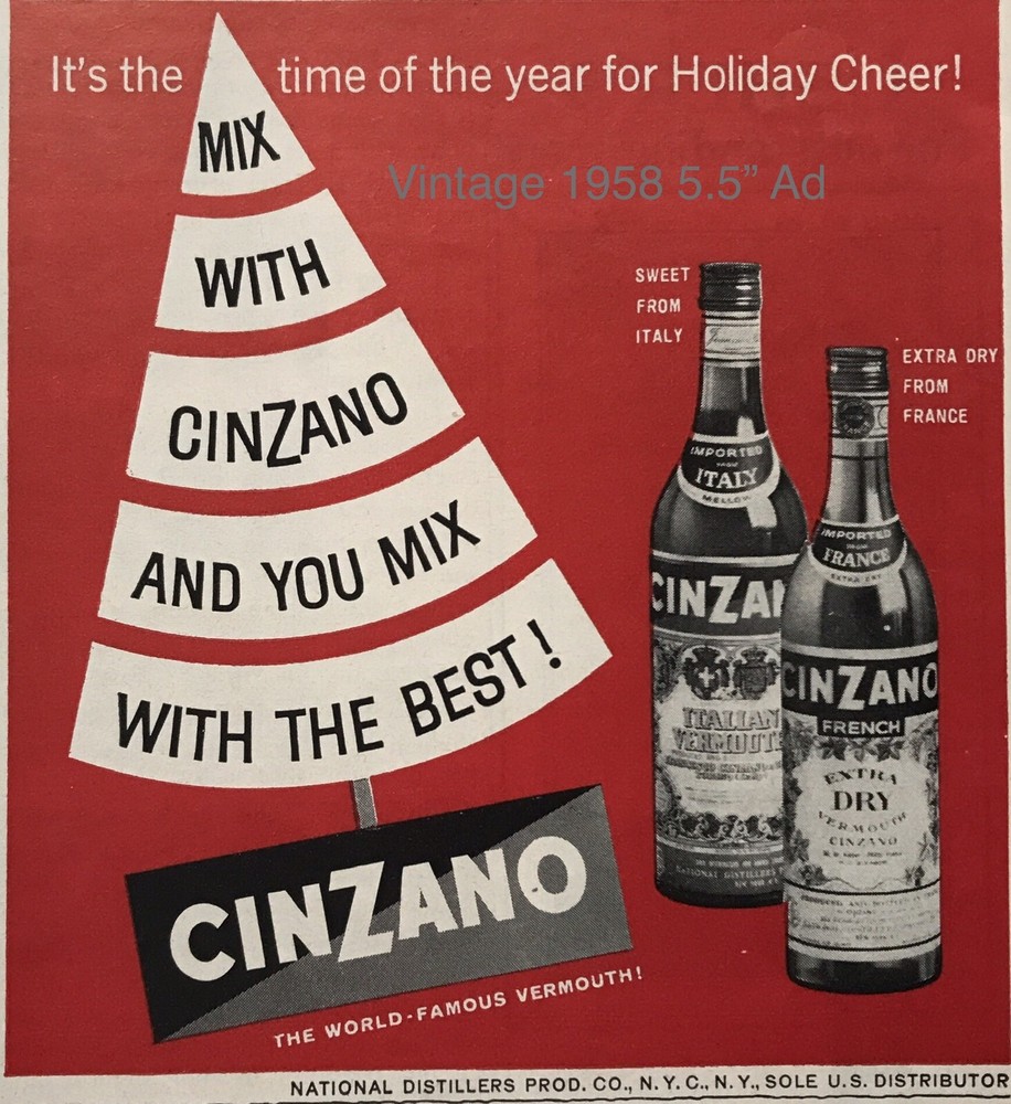 1958 AD ART CINZANO Vermouth Christmas Tree Cheer Holiday 5” Vintage AD Art