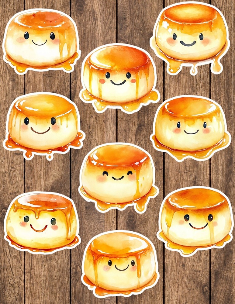 Kawaii Flan Die Cut Vinyl Stickers Set Scrapbooking Laptop Waterbottle