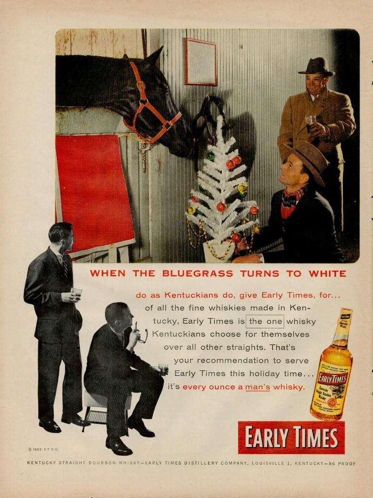 1955 Whiskey Alcohol Early Times 50s Vintage Print Horse Barn Christmas Tree