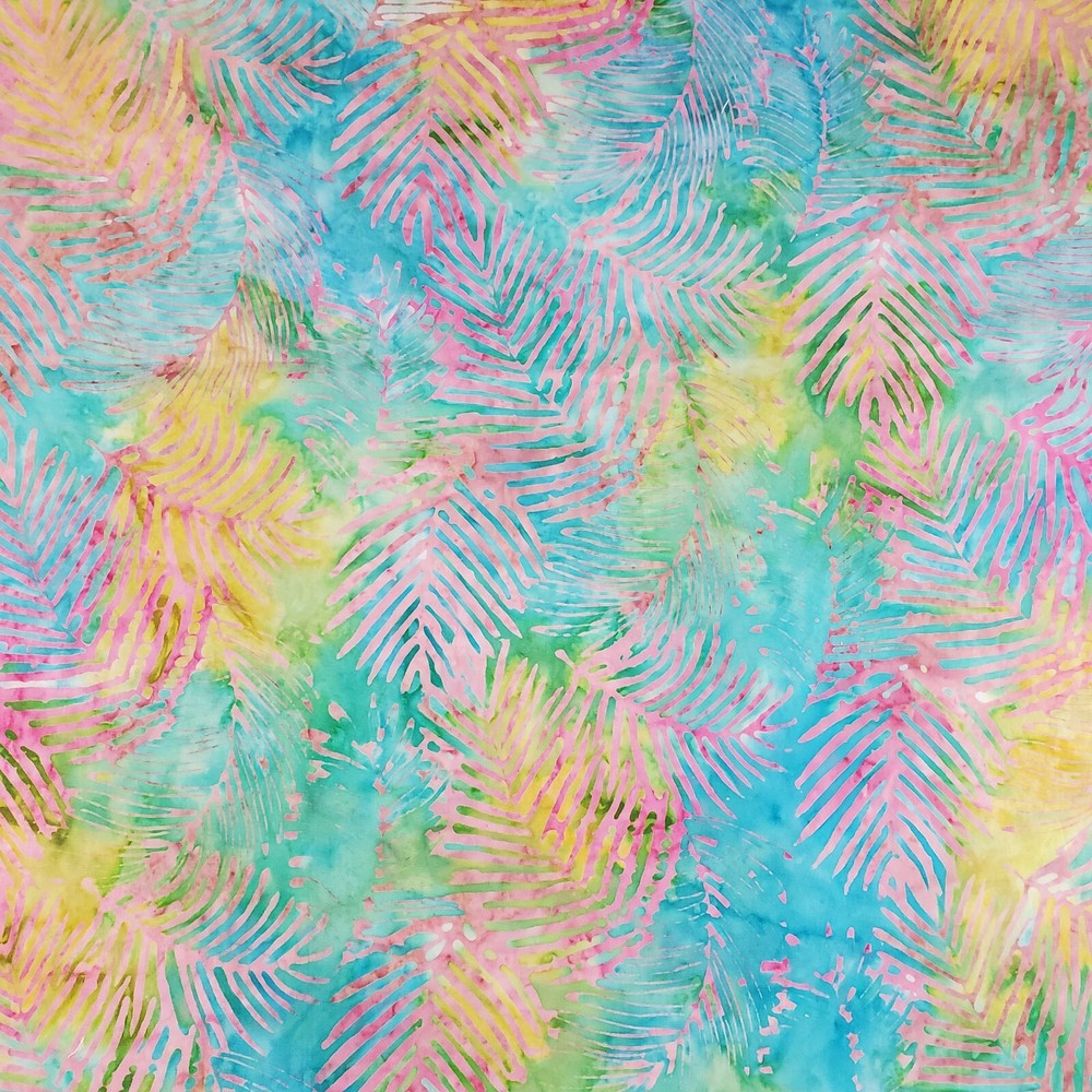 Aqua Teal Pink Batik Palm Fronds Print Quilting Fabric 48