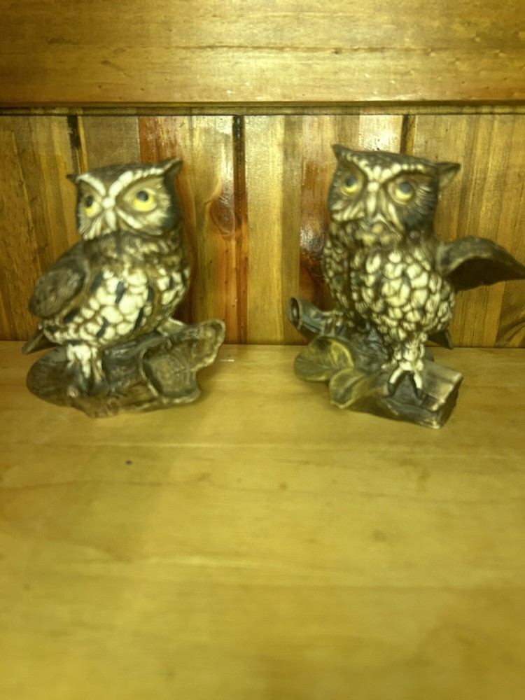 Vintage 1970s Homco Great Horned Owl Porcelain Figurines Set of 2 #1114
