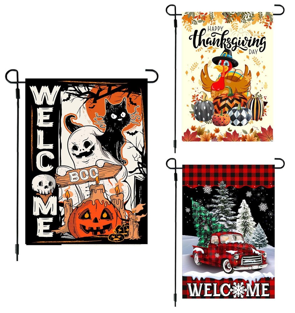 Set of 3 Halloween Garden Flag, Thanksgiving Garden Flag, Christmas Garden Fl...