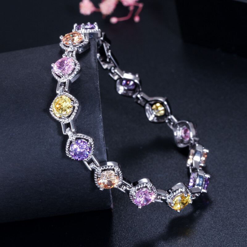 Multicolor Bracelet Cubic Zirconia Sqaure Tennis Link Chain Silver Plated Bangle