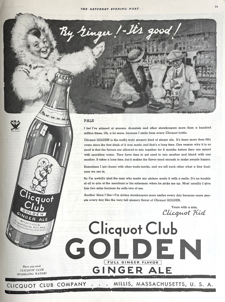 Clicquot Club Golden Ginger Ale Vintage Print Ad 1934 Millis Massachusetts u-image