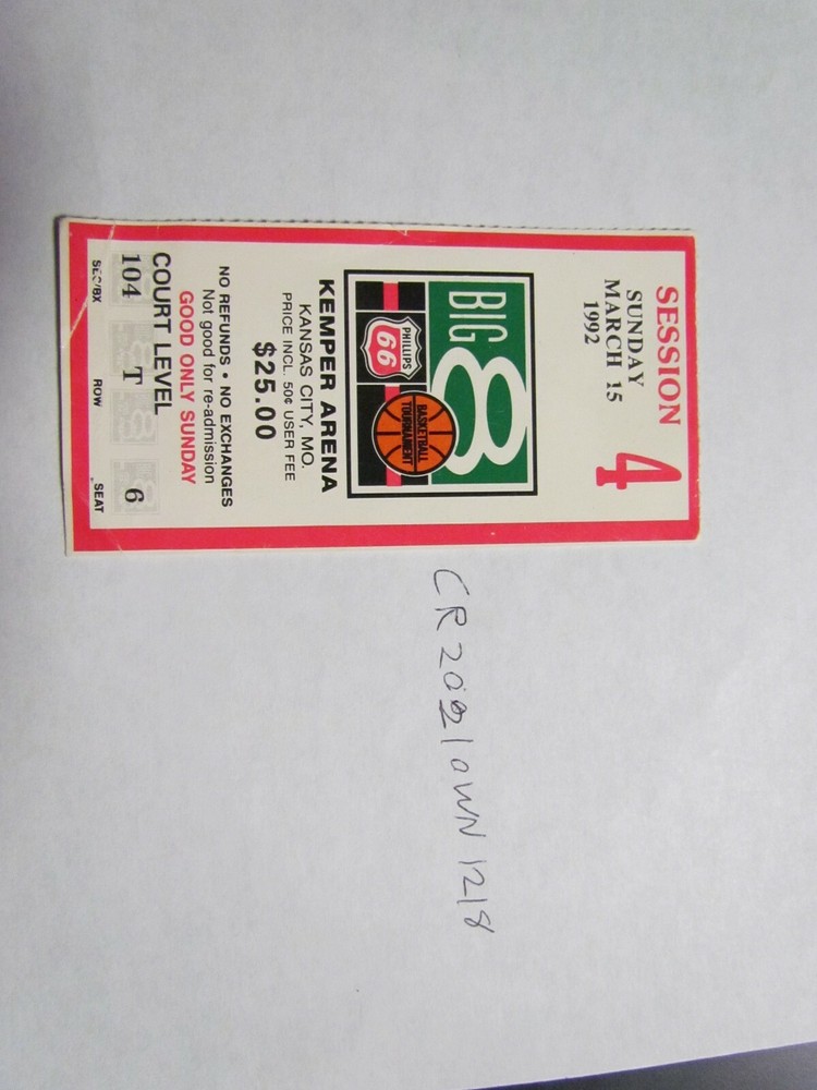 March 15, 1992 BIG 8 NCAA Ticket Stub