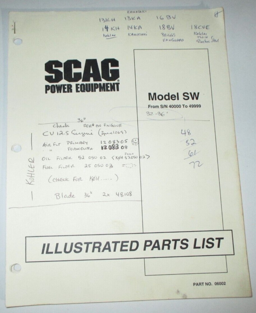 Scag SW Walk Behind Lawn Mower Parts Catalog Manual s/n 40000 to 49999 ORIGINAL!