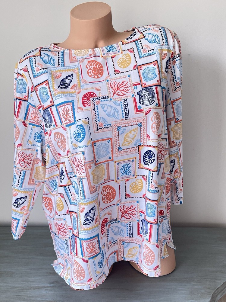 Appleseeds Womens XL Coastal Shells Stretch 3/4 Sleeve Tee Top Fun Printed Fit