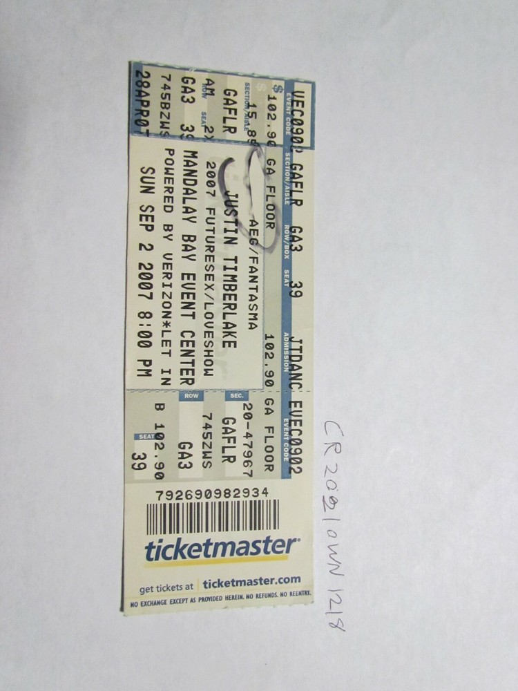 Sept 2, 2007 Justin Timberlake Mandalay Bay Ticket Stub