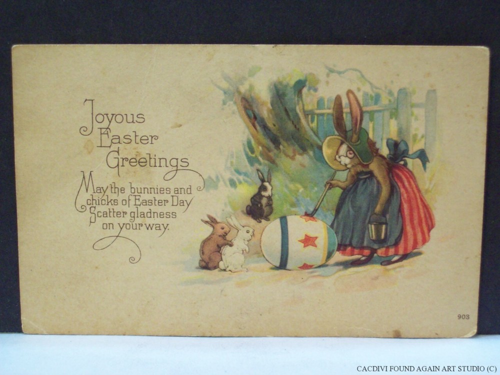 Easter Greeting Postcard Dressed Bunny Humanized Mother Rabbit Paints Big Egg