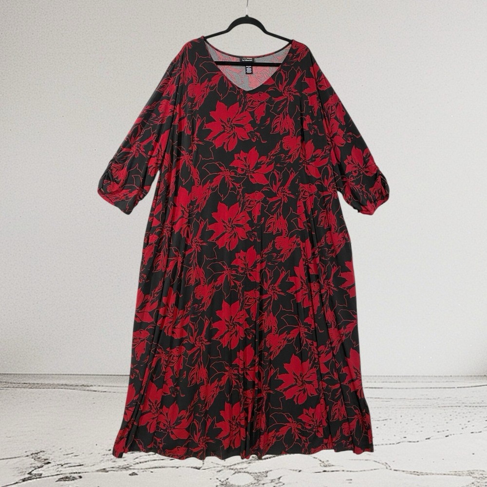 AnyWear By Catherines Floral Midi Dress Women’s Size 4X Red Floral Holiday Party