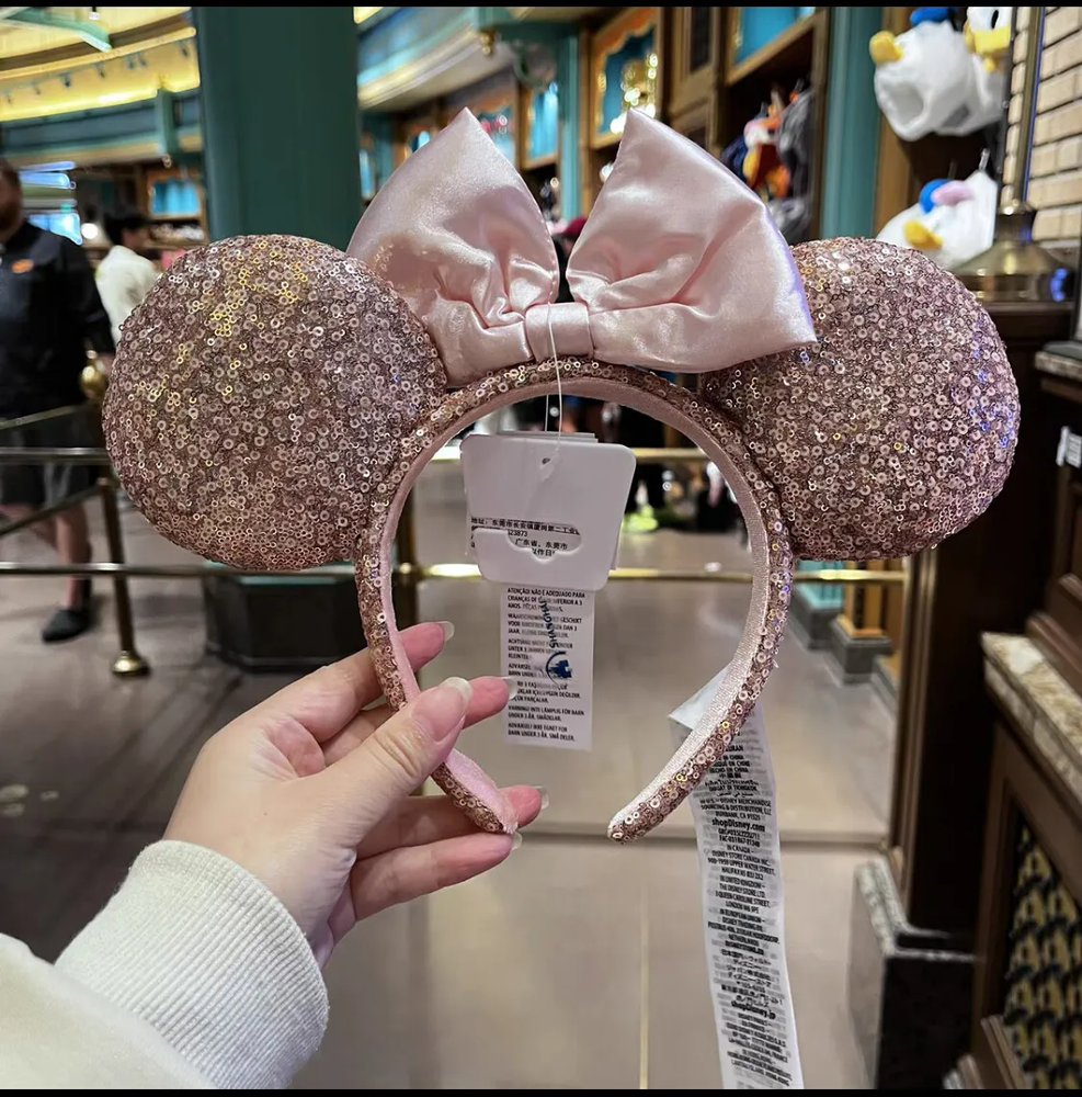 Disney Parks 2022 Rose Gold Sequin Pink Bow Minnie Mickey Mouse Ears Headband