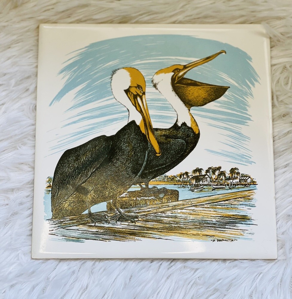 Vtg Pelican Beach Theme Craft 338 Tile Trivet Wall Decor 6 x 6