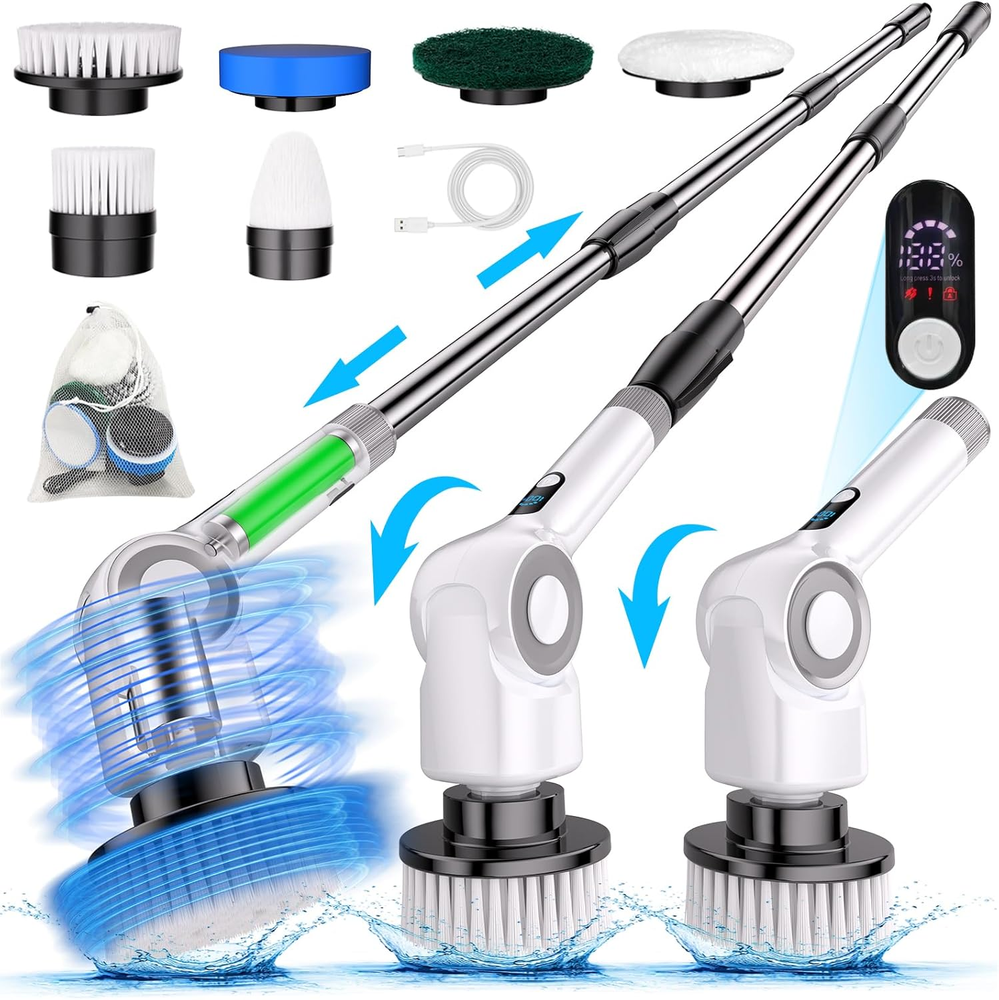 Angle Adjustable Electric Spin Scrubber Cordless Cleaning Brush with 3 Speeds Co