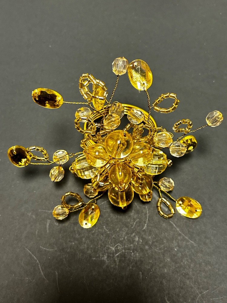 Gold Beaded Napkin Rings Set of 7 Sparkling Shampaine Color Bold  Maximalist 4”