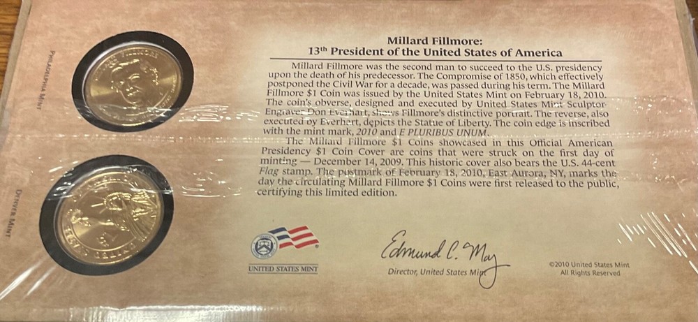 Millard Fillmore Presidential Dollar Coin Cover with P & D Mint Marks