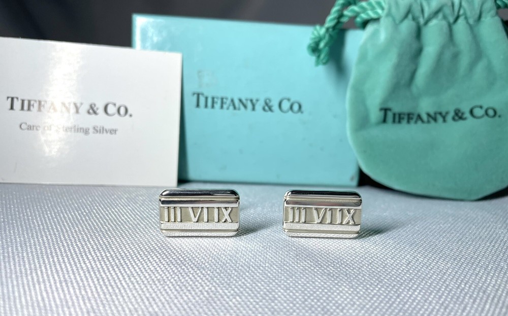 Auth [beautiful] Tiffany Atlas square Cufflinks Sterling Silver SV925 + Box