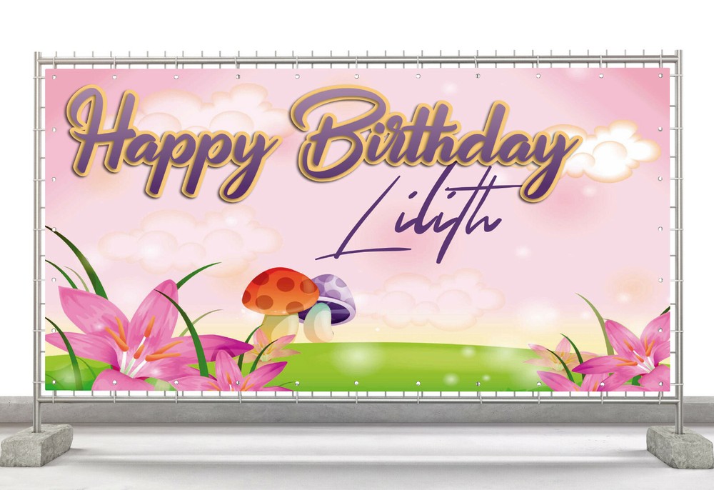 Pink Beautiful Fun Flowers Custom Happy Birthday Banner Personalized Poster M466