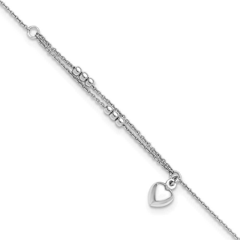 Sterling Silver Rhodium Plated Bead & Heart Anklet 9 Inch with 1 Inch Extension 1.78g