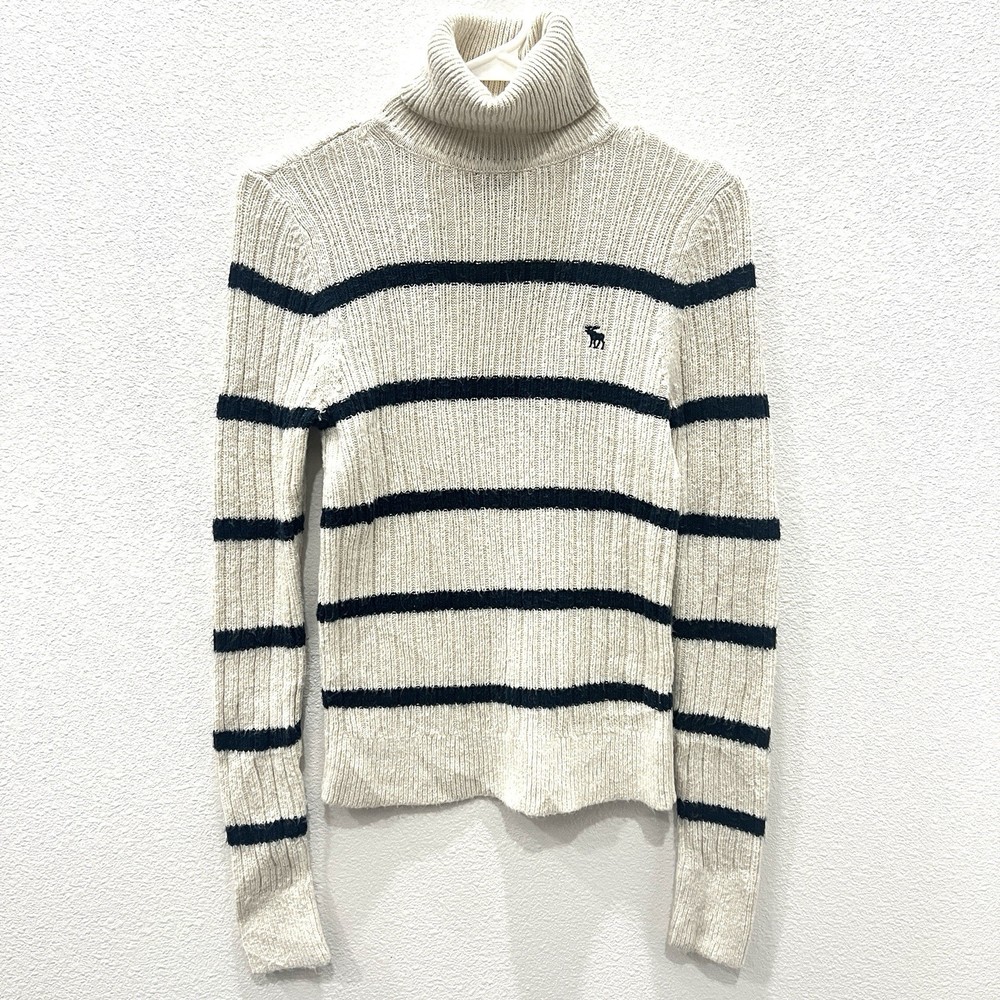 Vintage Abercrombie & Fitch Y2K Ribbed Striped Turtleneck Sweater Moose Logo S-image