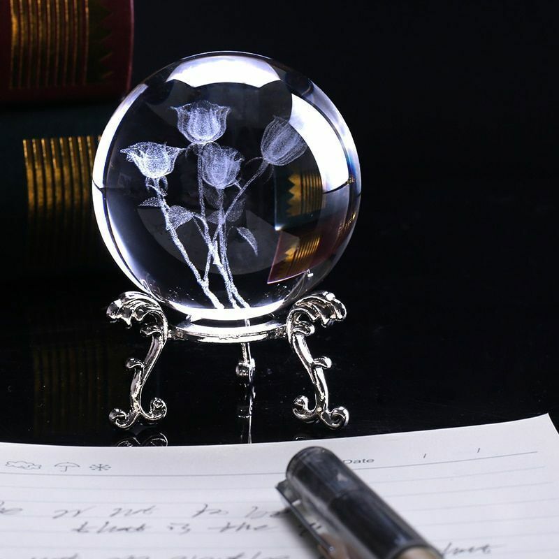 Rose Crystal Ball Miniature 3D Laser Engraved 60mm Globe Glass Sphere Home Decor