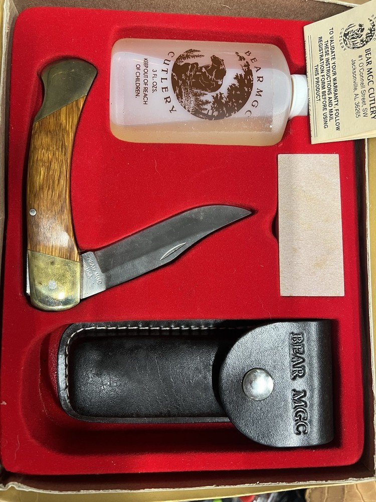 Bear MGC Vintage Folding Pocket Knife with Sheath Box USA Made Stonewashed Blade