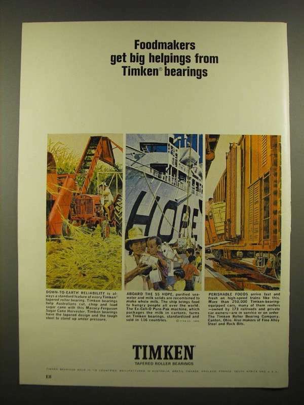 1967 Timken Tapered Roller Bearings Ad for Food Industry Efficiency