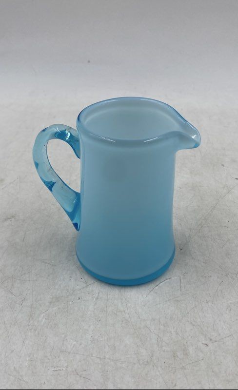Fenton Blue Frosted Opalescent Glass Syrup Pitcher with Clear Handle