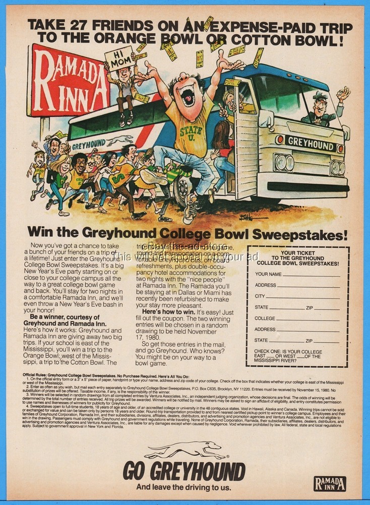 1980 Greyhound College Bowl Sweepstakes Orange Cotton Bowl Ramada Inn print ad