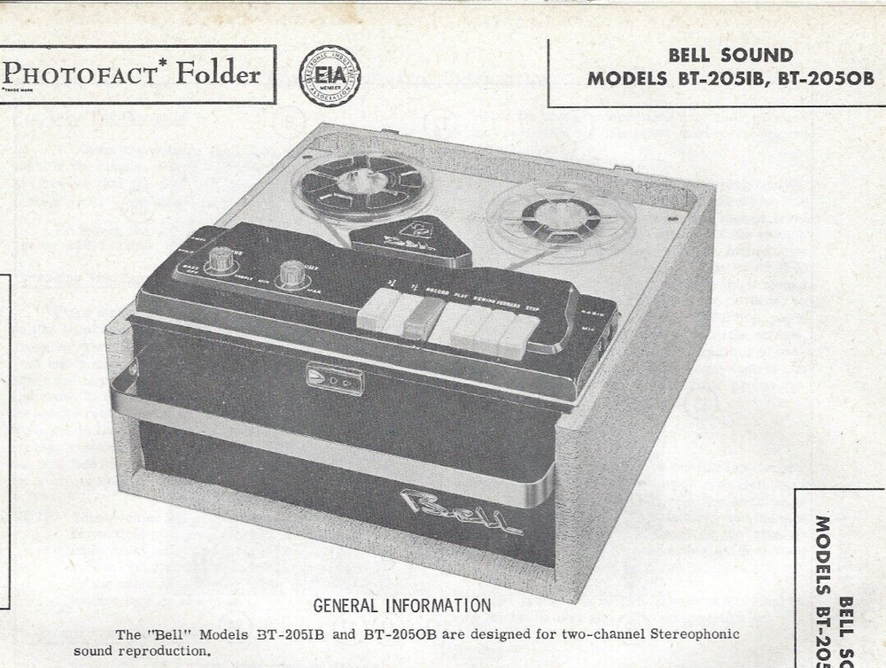 1958 BELL SOUND BT-205IB REEL To REEL Tape Recorder Photofact MANUAL 205OB Sams