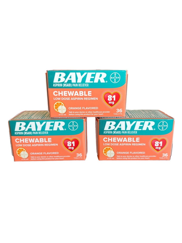 Bayer Chewable 'Baby' Aspirin 81mg Low Dose ORANGE 36 Tablets  ( 3 pack ) ~