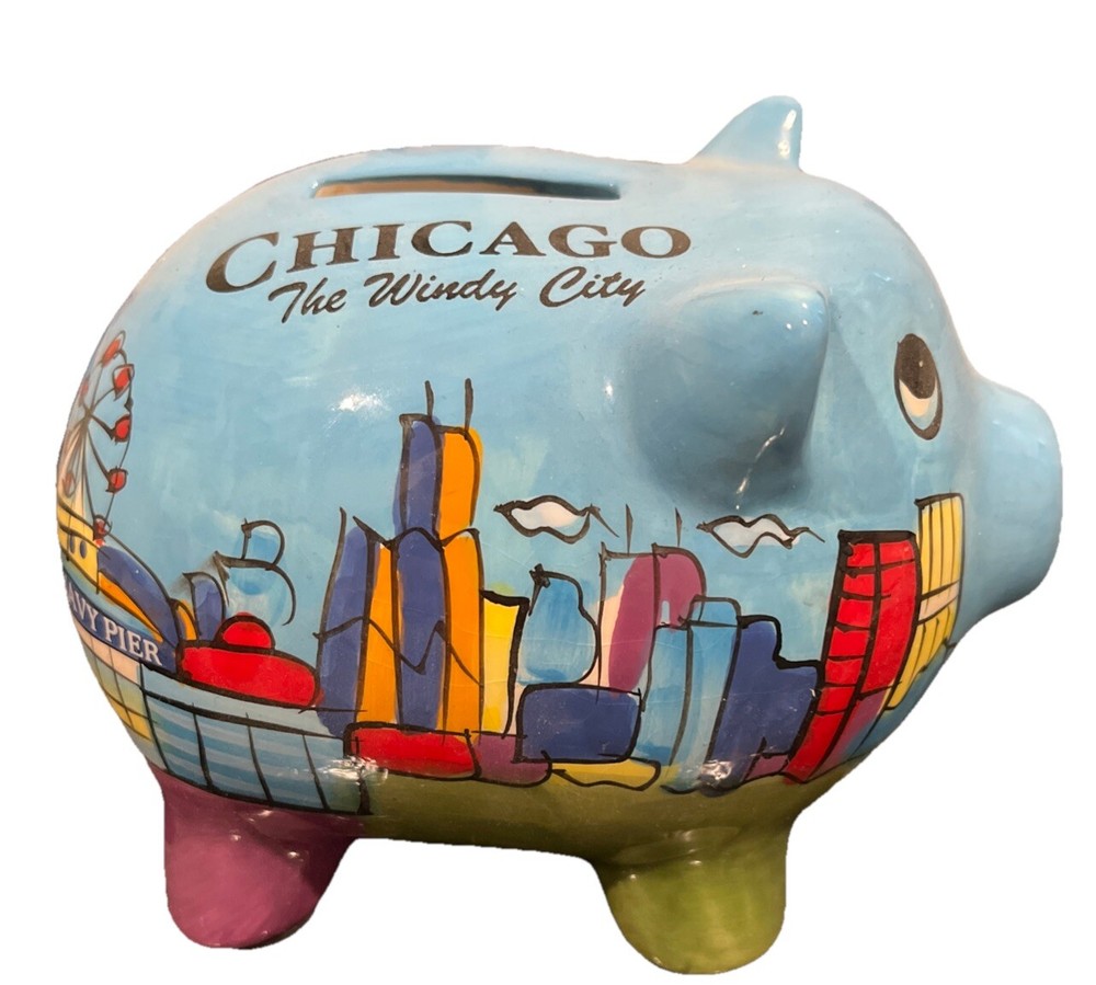 Blue Green Purple Souvenir Chicago The Windy City Piggy Bank Missing Stopper