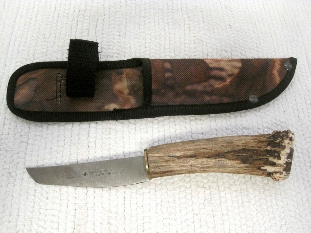 Vintage Herder Solingen Antler-Handled Spade Knife with Leather Sheath-image