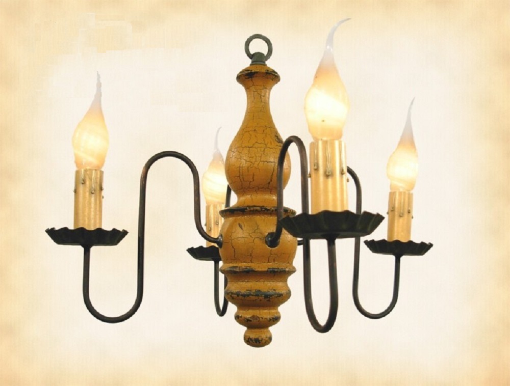 Abigail Wood Colonial Chandelier Mustard Black 4 Arm Handmade USA Light-image