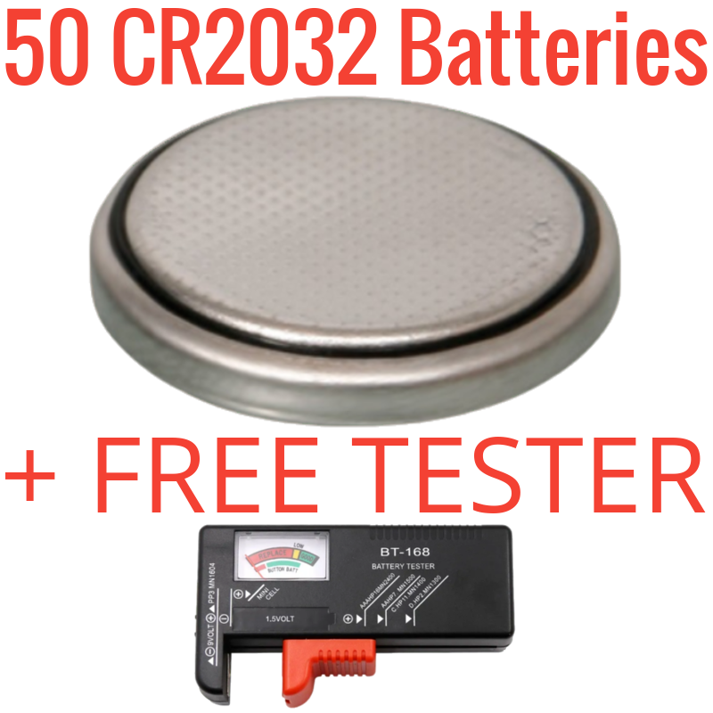50 CR2032 + FREE Tester 3 Volt Lithium Button Cell Batteries DL2032 USA Shipping