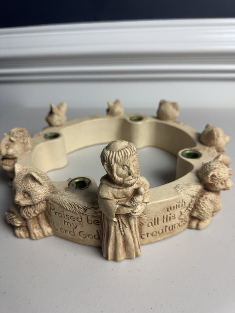 Vtg Abbey Press Resin Advent Wreath Candle St Francis Assisi Forest Friends GUC-image